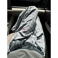 XZ1005-1-TTH600-P55美式复古蓝色弯刀格子裤慵懒风垂坠感阔腿裤，男装休闲裤，星座1005-1