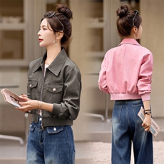 2024年春秋装新款彩色皮衣外套女士短款韩版宽松小个子长袖夹克潮，女装皮衣，江南女神