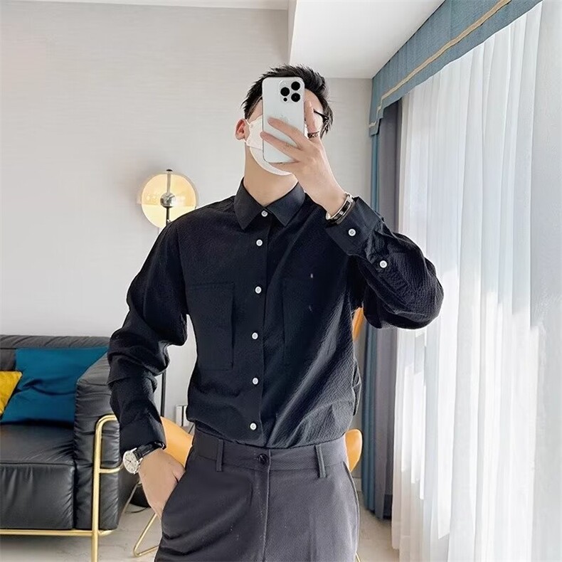 凹凸纹肌理白衬衫春秋季男长袖高级感丝光休闲极简轻熟风衬衣男潮，男装衬衫，星座302B-2