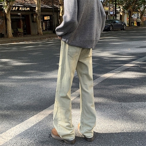 美式拼接牛仔裤男春秋痞帅微喇裤子复古小众直筒工装裤AMX213 P45图片