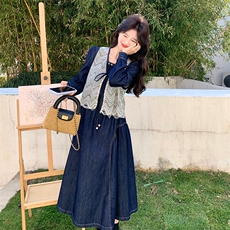 2026新款法式泡泡袖牛仔连衣裙+蕾丝马甲，女装连衣裙，纯色衣恋