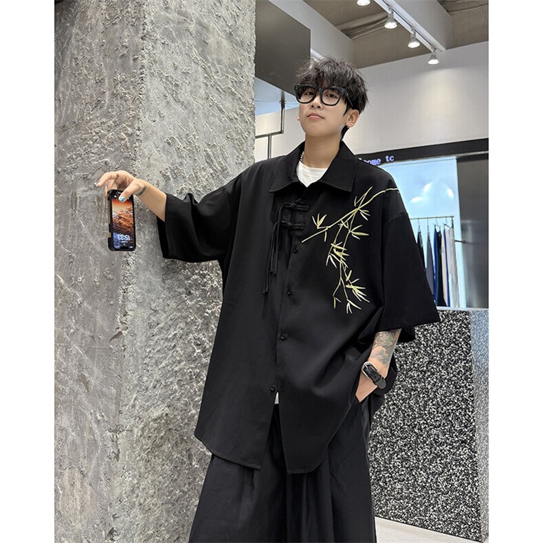 新中式短袖衬衫大码8XL-M风竹子刺绣冰丝唐装盘扣衬衣DC5007P48,男装衬衫,电商B238