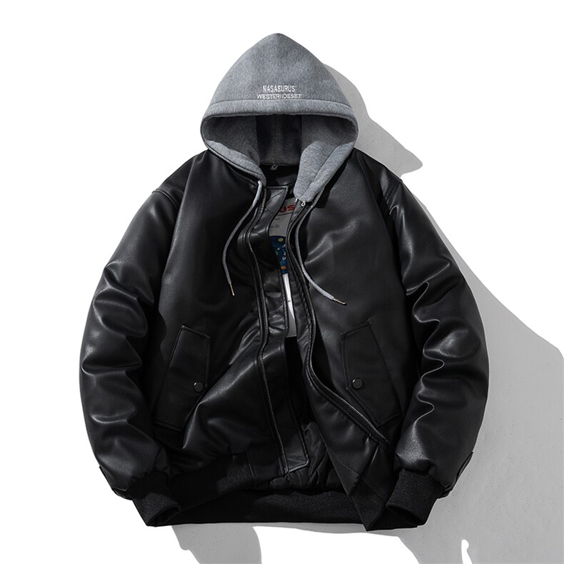 现货黑色PU皮棒球服外套秋冬棉服带帽可拆卸,男装棉衣,电商A105