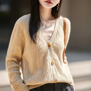 V领绞花100%纯羊毛开衫女25秋冬加厚针织毛衣宽松羊绒衫长袖外套图片
