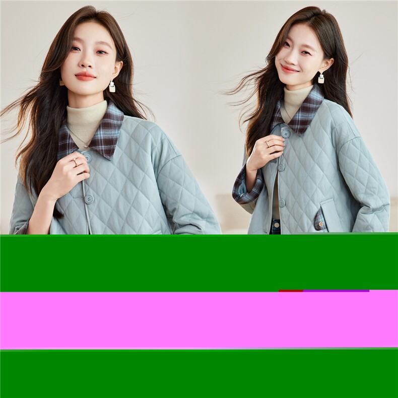 2026年春秋季格子翻领拼接菱形格短外套开衫上衣，女装棉衣/棉服，简韵佳