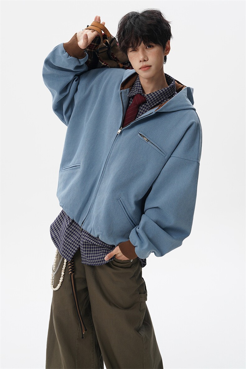 8XL-M美式复古撞色连帽水洗夹克男高级感做旧情侣外套JK1327P88,男装夹克,电商D206-1