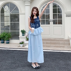 温柔风韩系牛仔拼接刺绣背心套装女夏新款显瘦别致半身裙两件套潮，女装套装/套裙，2C285