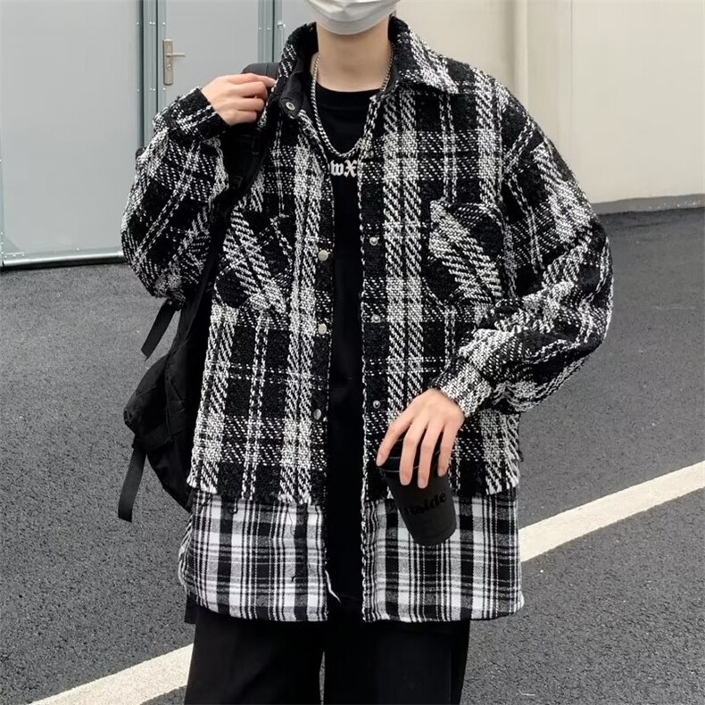 美式小香风编织拼接格子夹克男女假两件小众设计感潮流宽松外套,男装夹克,星座601-2