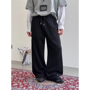 韩版纯色内弧结构弯刀休闲裤百搭直筒裤抽绳简约修身宽松微喇裤潮图片