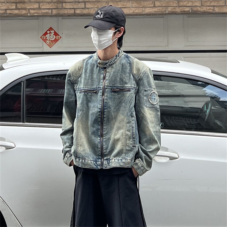 美式做旧水洗牛仔外套男宽松街头百搭痞帅休闲机车风工装立领夹克图片