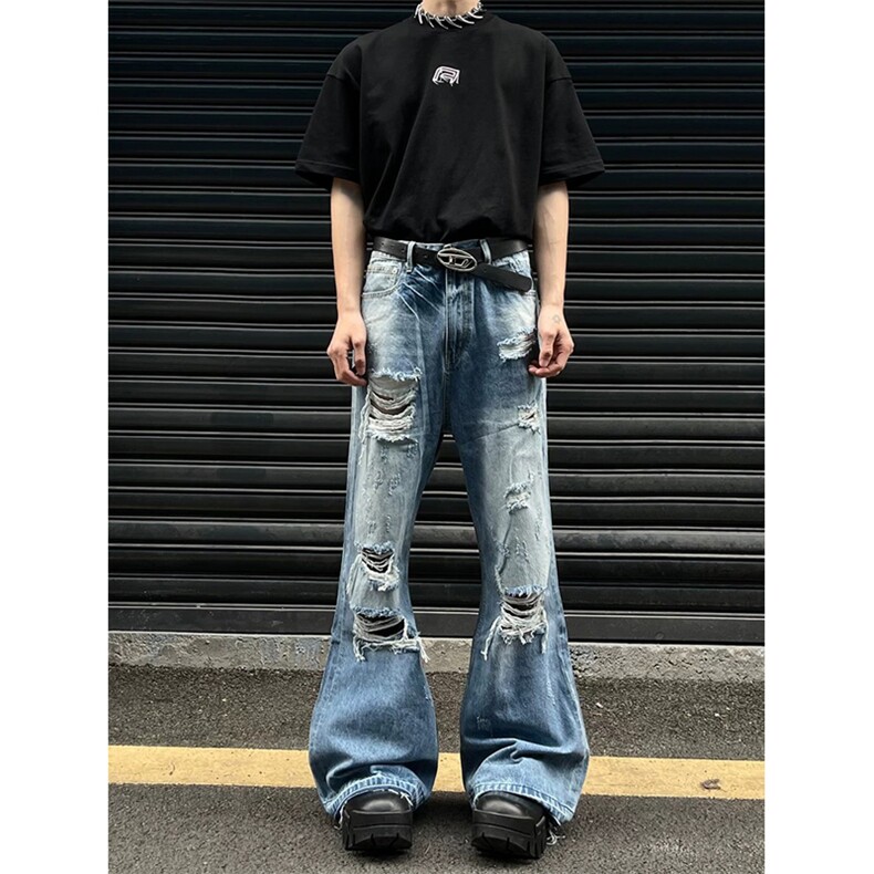 网图有货 夏季美式复古水洗蓝色微喇破洞宽松牛仔裤男女 A645-P45图片