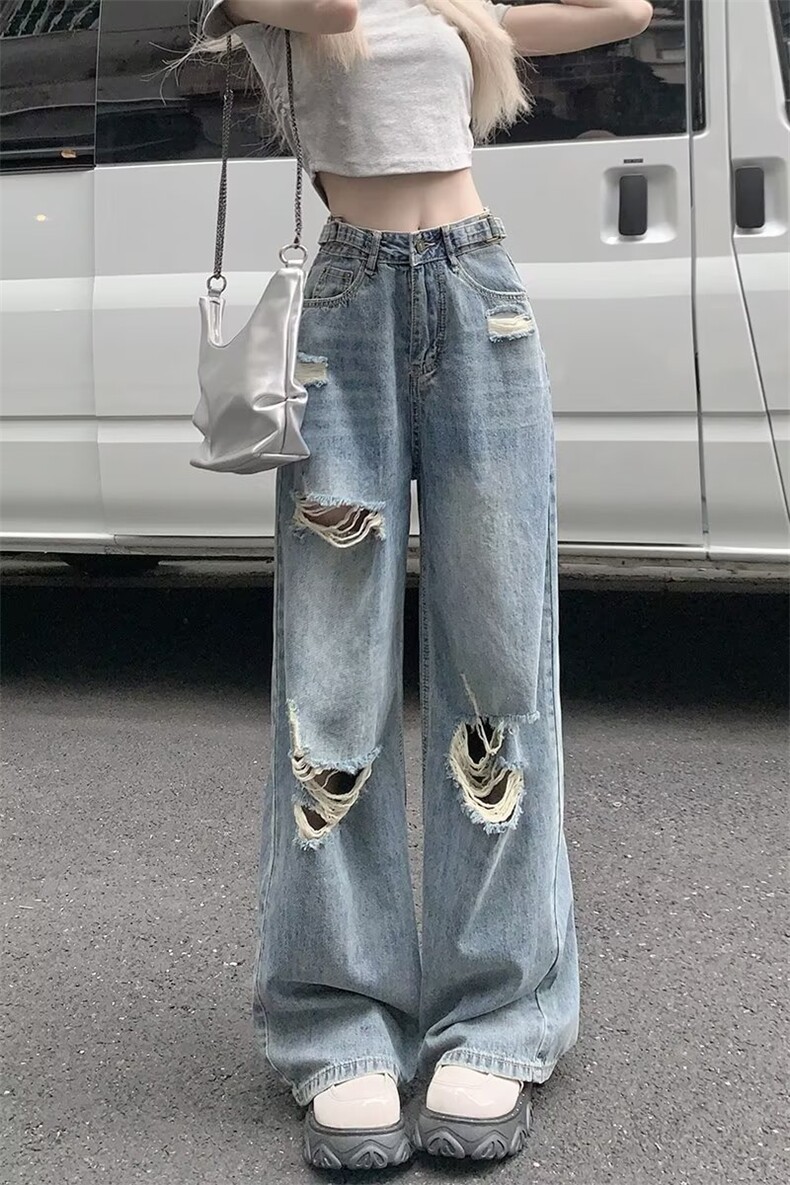 美式复古直筒牛仔裤女夏季破洞高腰显瘦宽松阔腿拖地长裤潮,男装牛仔裤,星座302B-3