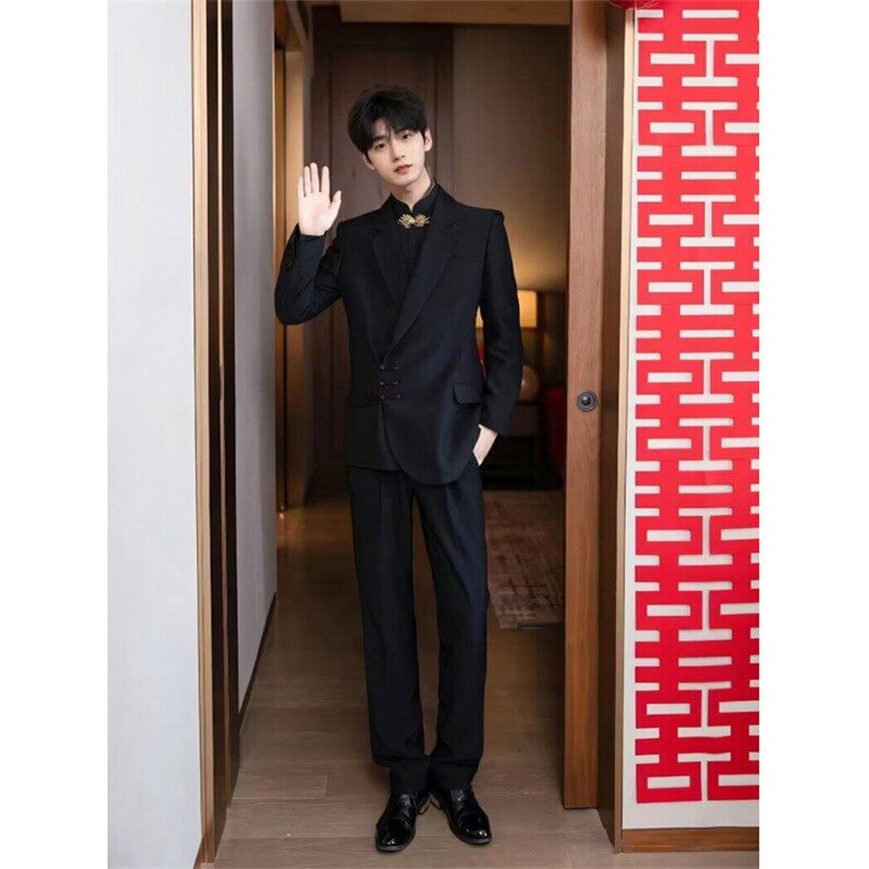 新中式男装风立领盘扣刺绣暗扣长袖衬衫抗皱订婚西服上衣XFC14,男装夹克,星座1116A（原606A-3）