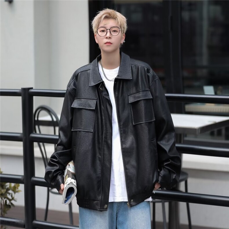 复古痞帅PU机车皮衣男女生经典宽松中性棕皮夹克外套W9287-P68,男装夹克,星座1109-3