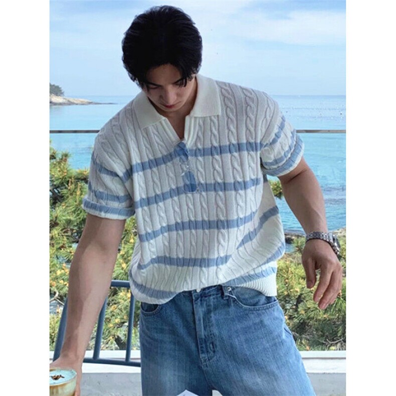 夏季白色翻领Polo衫条纹日系针织衫男短袖上衣T恤衫宽松 TB283图片