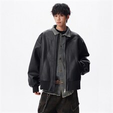 抖音得物高品质美式高街复古老钱风PU皮夹克外套男女短款机车皮衣，男装夹克，电商A486