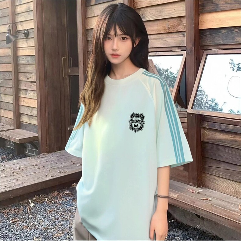 抖音得物品质二开240克宽松纯棉美式潮牌印花三条杠中性风短袖T恤,男装T恤,电商A486-1