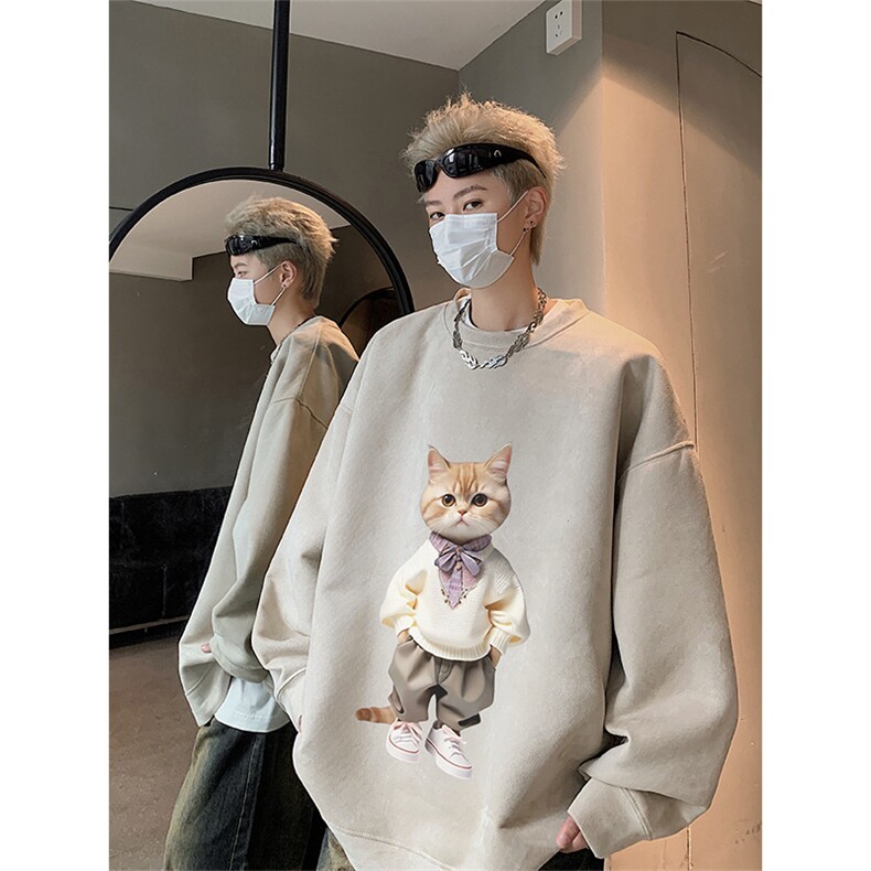抖音得物高品质日系猫咪麂皮绒宽松圆领卫衣wyjp4048-特p35控69,男装卫衣,星座605(原A050)