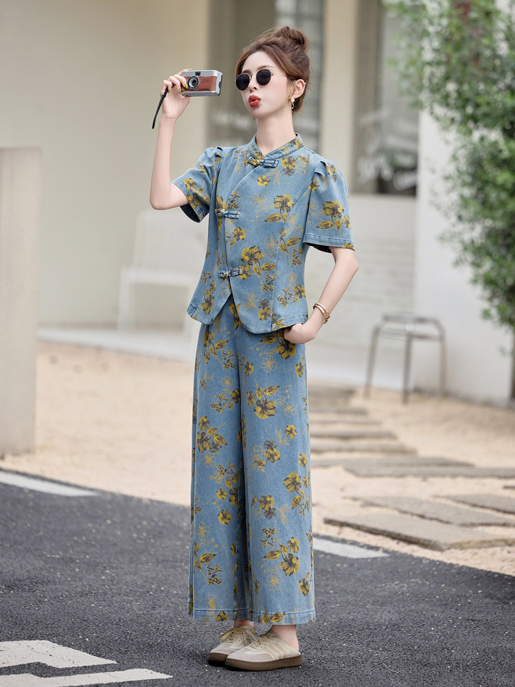 新中式印花牛仔套装女2025夏季新款爆款气质高级感阔腿裤两件套,女装套装/套裙,曼娅璐