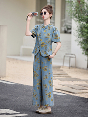 新中式印花牛仔套装女2025夏季新款爆款气质高级感阔腿裤两件套，女装套装/套裙，曼娅璐