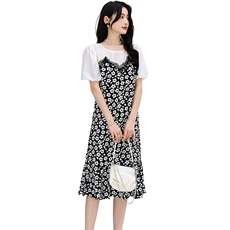 假两件拼接花朵连衣裙女夏2025年新款减龄甜美荷叶边裙子，女装连衣裙，天丽