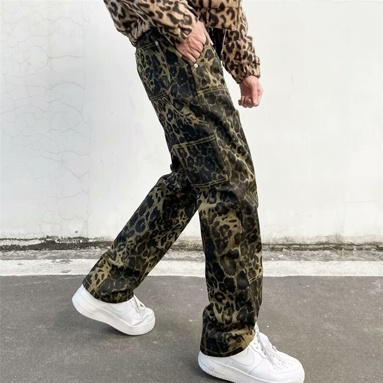 现货新款美式复古豹纹牛仔裤男女百搭直筒休闲裤宽松长裤子,男装牛仔裤,星座218-1（原230）