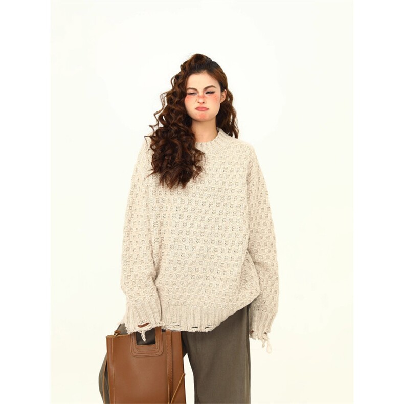 A1091-P58秋冬刮烂破洞设计男女休闲圆领毛衣宽松百搭针织衫上衣，男装针织衫/毛衣，电商C233B