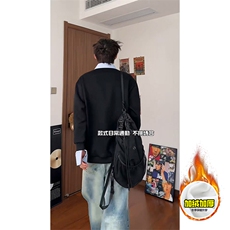 重磅加绒硬挺boxy男女美式高街假两件衬衫领长袖卫衣POLO领打底衫，男装T恤，电商A486-1