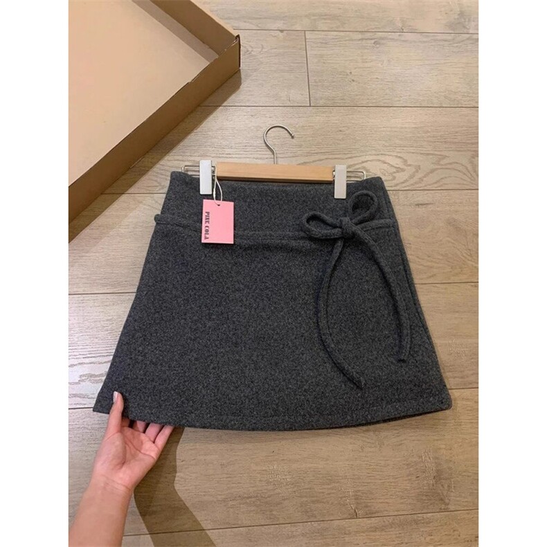 JK2503-p50灰色毛呢a字短裙半身裙款蝴蝶结设计感辣妹包臀裙,女装半身裙,星座617A-2