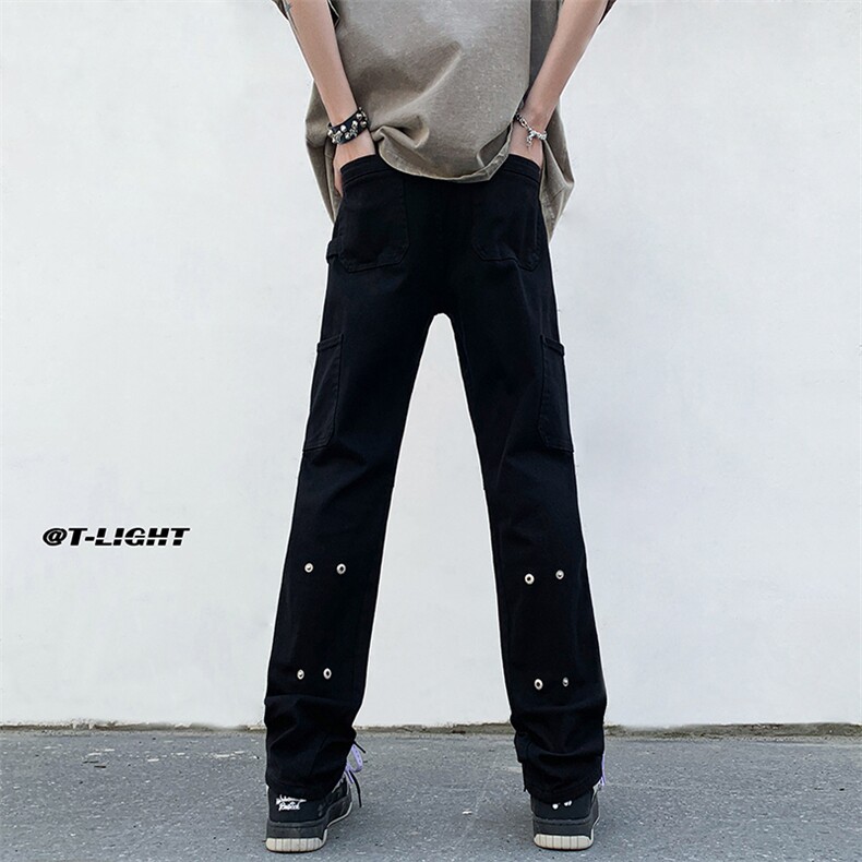 美式ins高街牛仔裤小众百搭微喇铆钉纽扣拼接牛仔裤K2312-P60,男装牛仔裤,电商A062