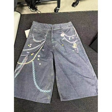 美式复古3D链条印花七分牛仔裤夏季高街设计感宽松显瘦阔腿短裤，男装牛仔裤，星座601-1