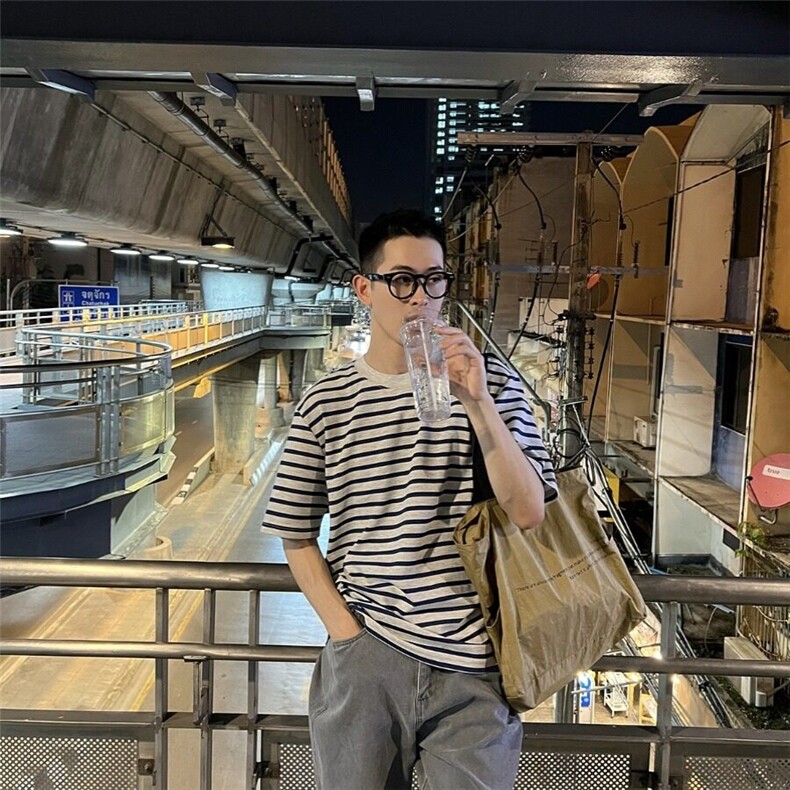 DA169-P40条纹t恤短袖男夏季日系复古宽松五分袖体恤-网图现货,男装T恤,星座603-2