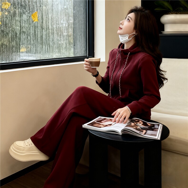 女春季新款时尚慵懒风套装红色拉链开衫连帽长袖外套阔腿裤两件套,女装套装/套裙,江南