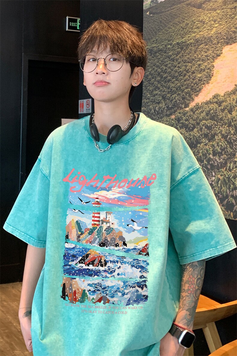 ！2024夏季新款男士水洗短袖T恤油画情侣潮牌半袖XT158P35,男装T恤,电商B220