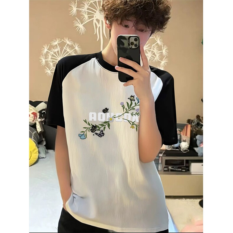 抖音得物高品质二开240克宽松纯棉美式潮牌插肩袖拼接短袖T恤，男装T恤，电商A486