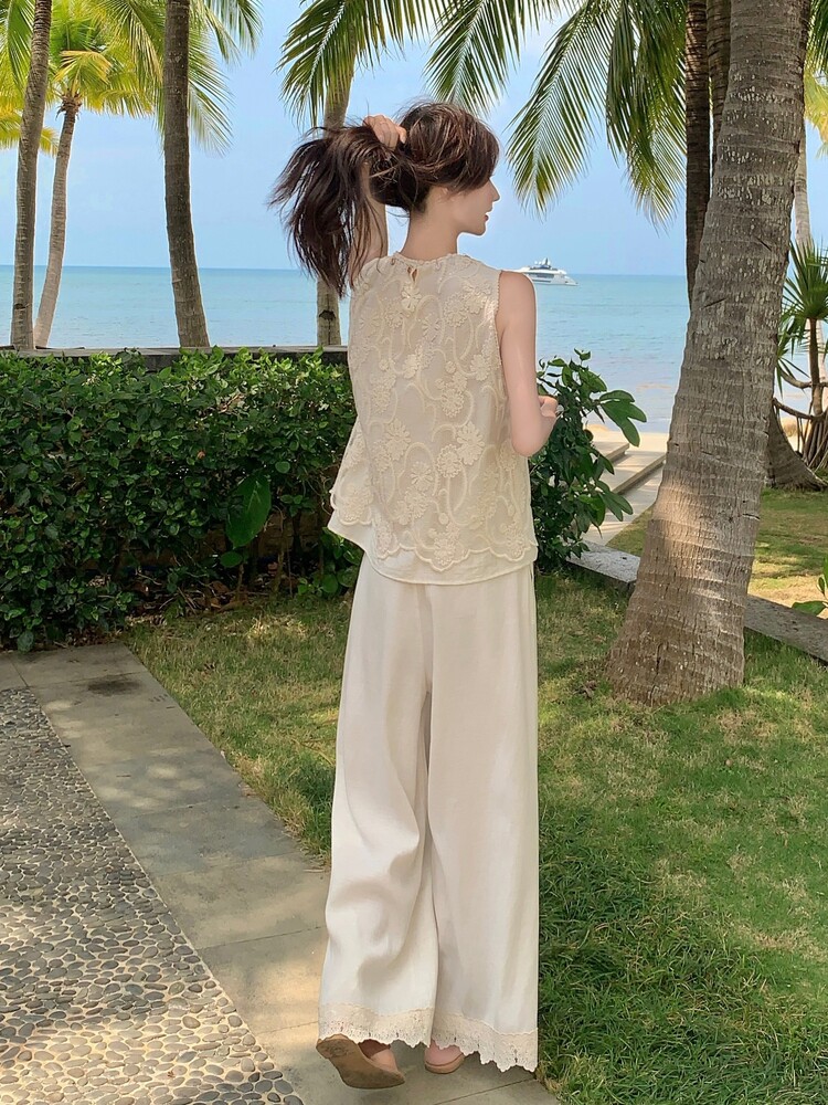 2025夏季新款法式蕾丝绣花小衫高腰直筒阔腿裤天丝棉麻两件套装女,女装套装/套裙,韩蜜菓