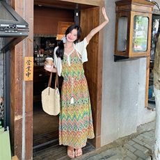 法式度假风印花吊带连衣裙套装女2025夏季新款显瘦针织开衫两件套，女装套装/套裙，2C239