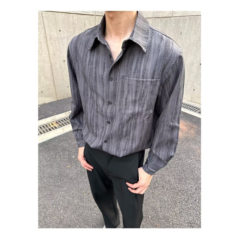 日系叠穿竖条纹长袖衬衫男女复古春秋季穿搭宽松休闲衬衣新款潮搭,男装衬衫,星座302B