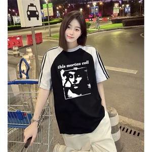 抖音得物品质二开240克宽松纯棉美式潮牌插肩三杠织带短袖T恤