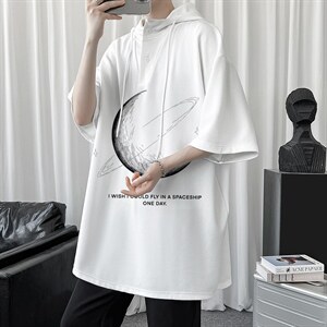 LD54246-P45连帽短袖t恤男大码胖子带帽五分袖中袖