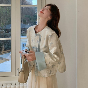 新中式蓝色蝴蝶提花开春外套女2025春季新款国风爆款改良唐装上衣图片