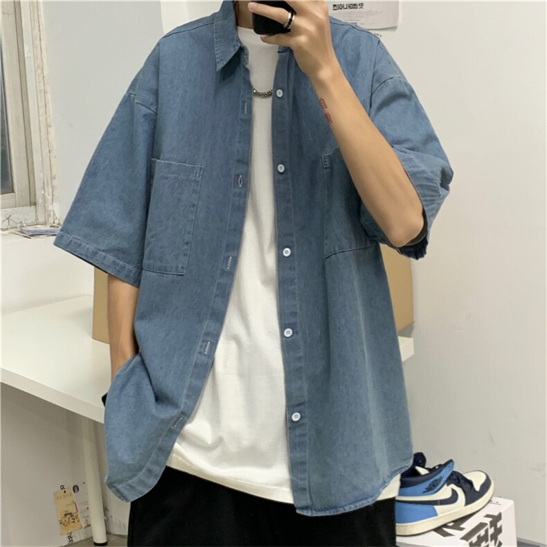 牛仔衬衫男夏季短袖宽松衬衣潮流港风复古休闲痞帅外套CS050-P40,男装T恤,星座1008-2
