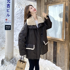 韩款羊羔毛翻领羽绒内胆皮衣外套女2025冬季新款时髦洋气保暖上衣，女装皮衣，艾米莉亚