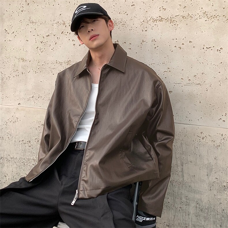 W643-P64痞帅Pu皮衣小众设计感潮牌双拉链垫肩皮夹克，男装皮衣，电商B323A