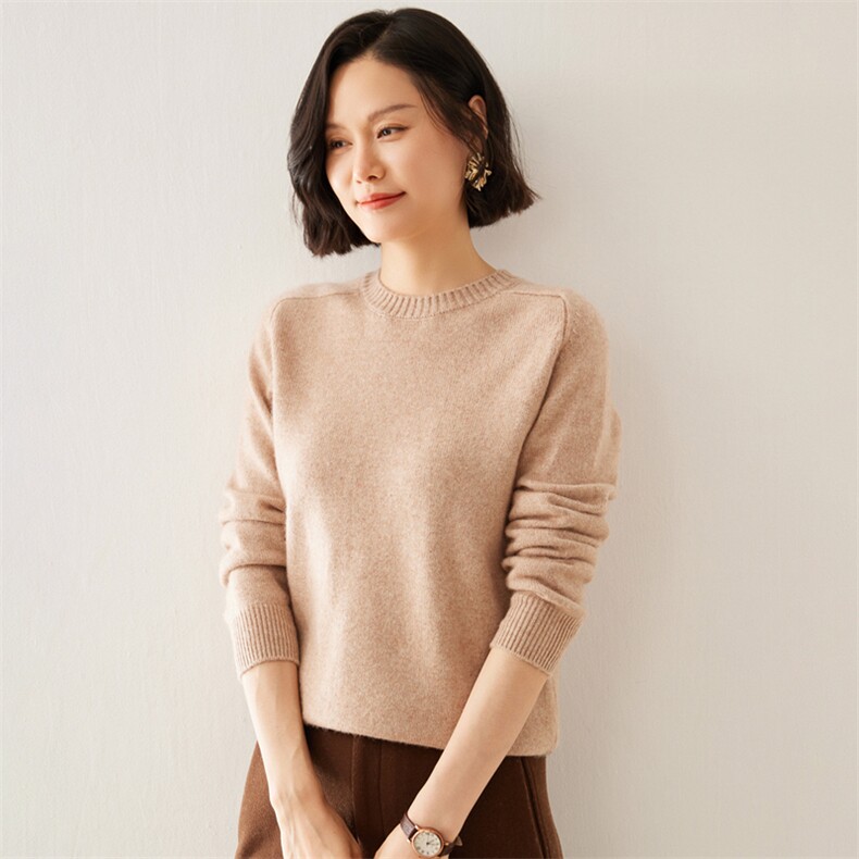 2024秋季新款女士圆领长袖短款套头衫通勤百搭35%羊绒衫,女装羊绒衫,澳煜绒