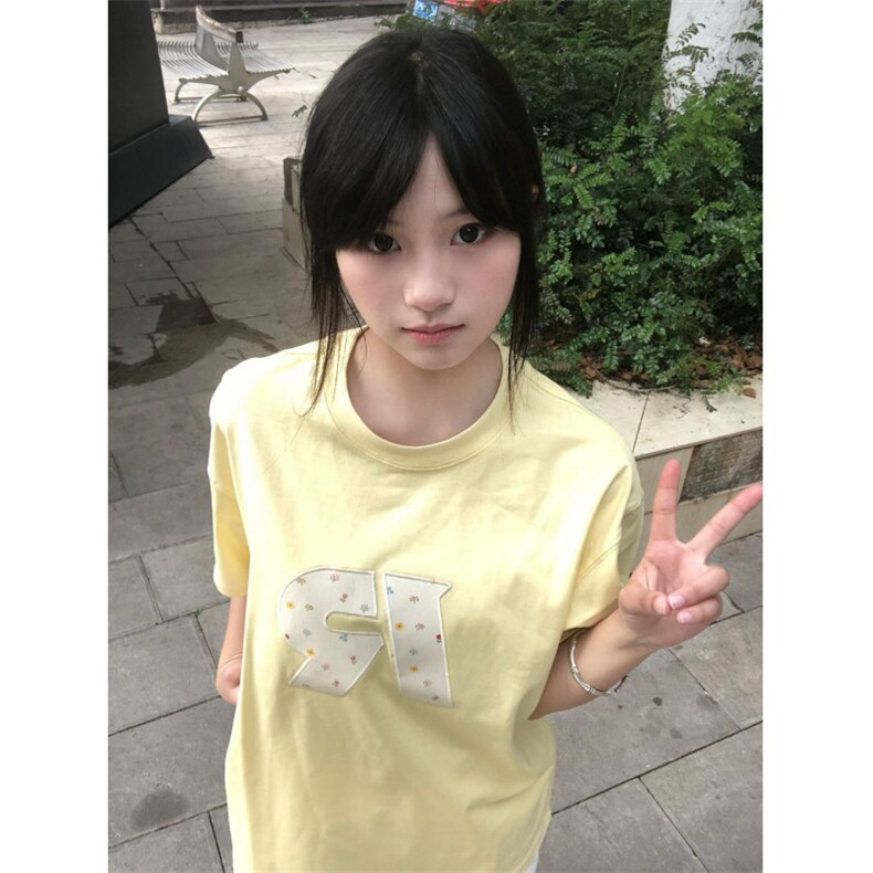 H0778-P35推荐#贴布刺绣 230克纯棉休闲宽松肩短袖T恤图片