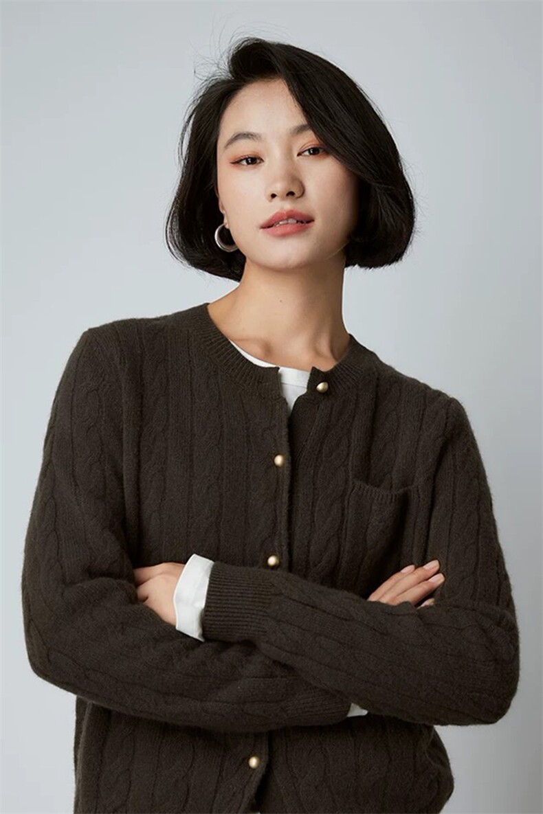 优雅女士羊毛开衫纯色圆领设计休闲时尚百搭款,女装羊毛衫,泰沅羊绒