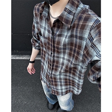 美式高街潮流格子衬衫潮牌宽松休闲上衣A086-CS2208-P35，男装衬衫，电商基地A086
