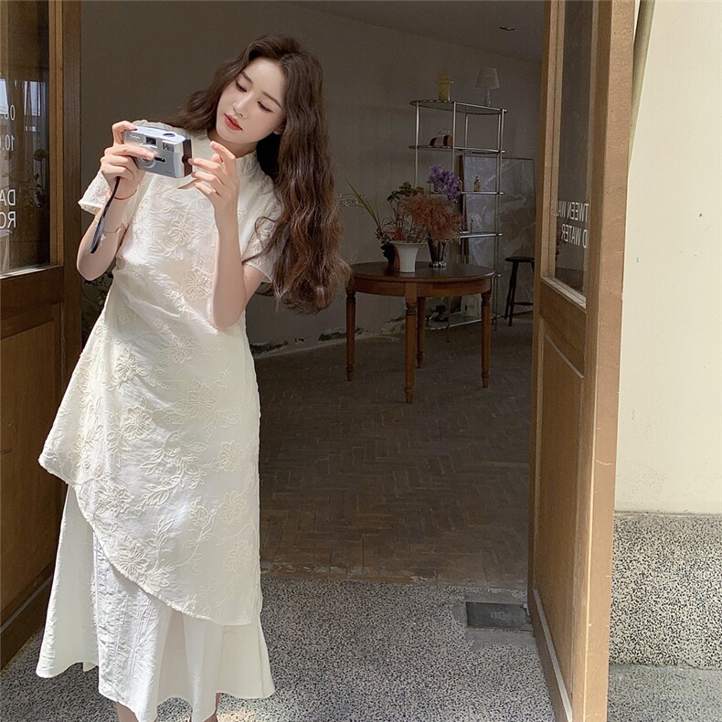 轻国风新中式禅意温柔假两件连衣裙女夏不规则设计感刺绣改良长裙,女装连衣裙,2C129