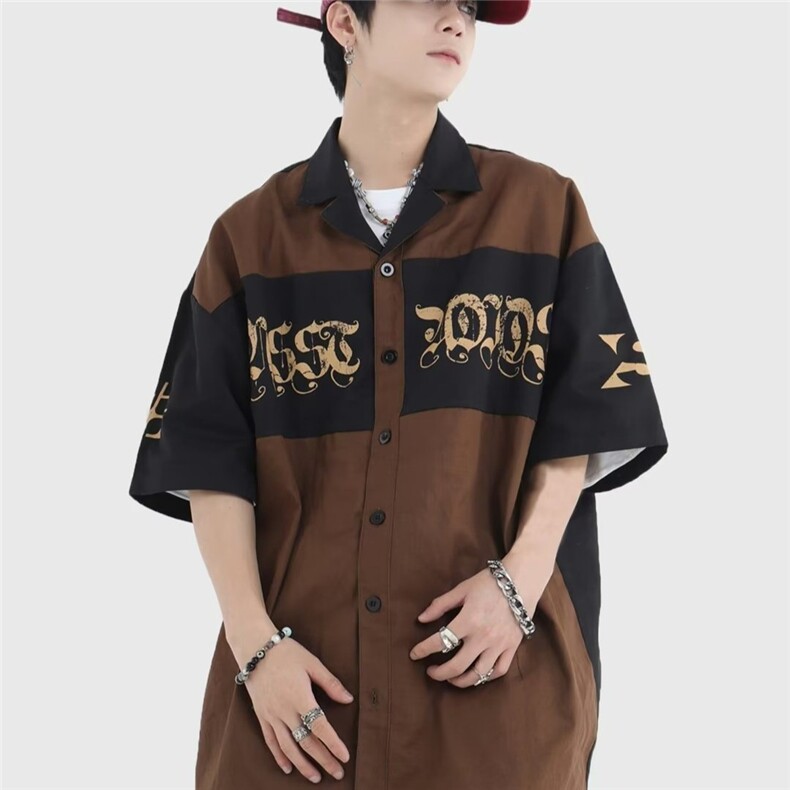 夏拼接撞色印花短袖衬衫男潮牌青少年帅气休闲宽松外套LS2226 P34图片